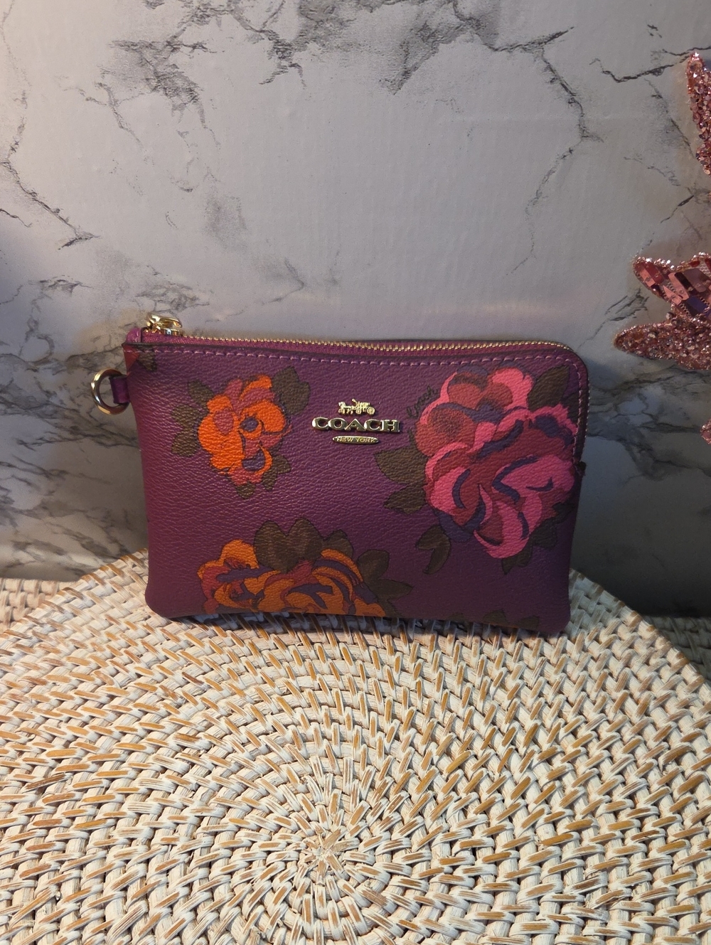 Poppy 6x4 Coach Purple Floral Zip Wristlet with Gold Logo